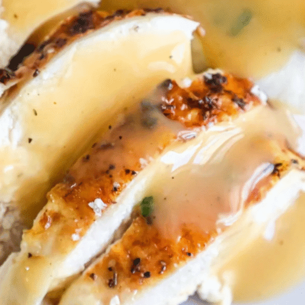 Close-up of sliced roasted chicken breast topped with creamy brown gravy—try this easy gravy recipe for a delicious finishing touch.