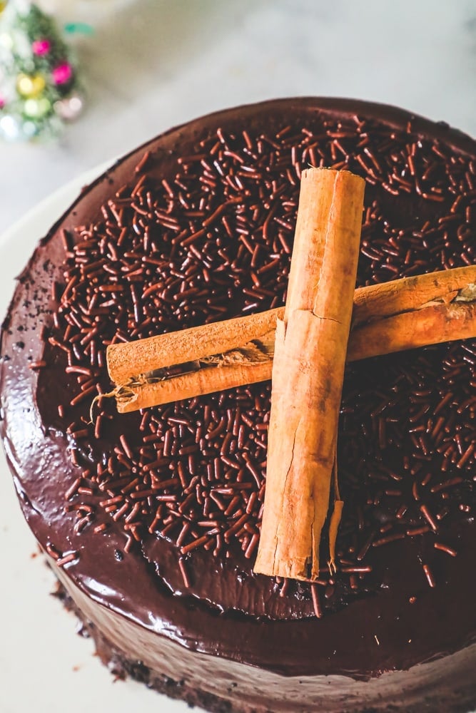 chocolate cake with cinammon sticks on it and holly around it and spices around it. 