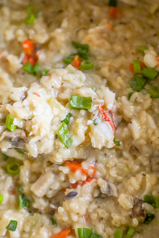 picture of lobster risotto with green onions up close.