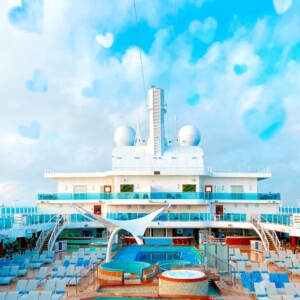 A romantic Cruise aboard the Sky Princess with a pool and lounge chairs.