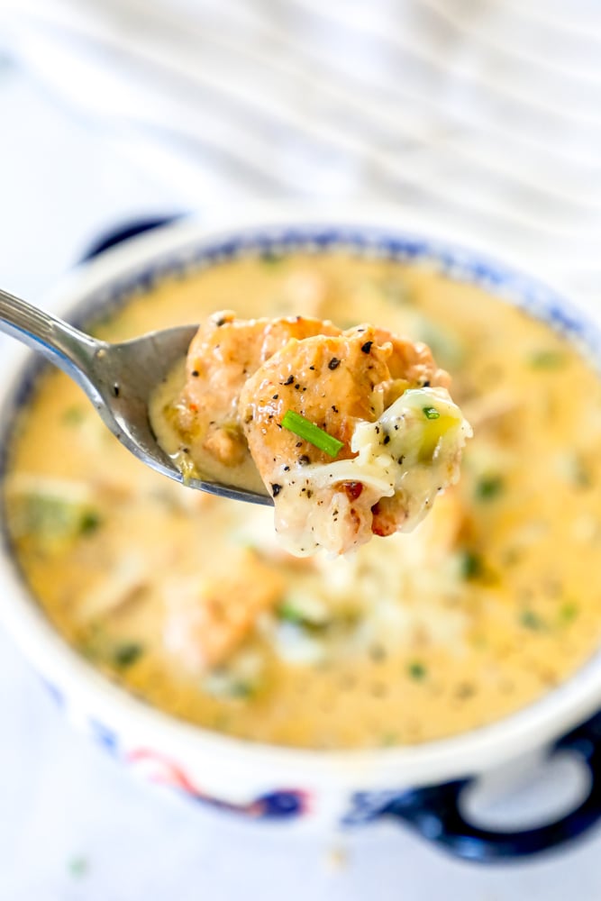 white chicken chili on a spoon over a bowl picture