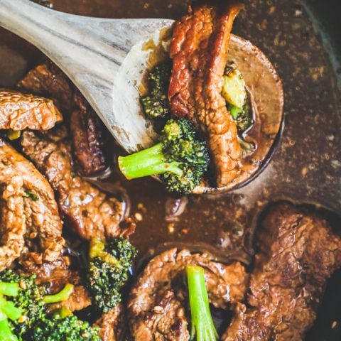 Easy keto beef and broccoli cooked in a pan.