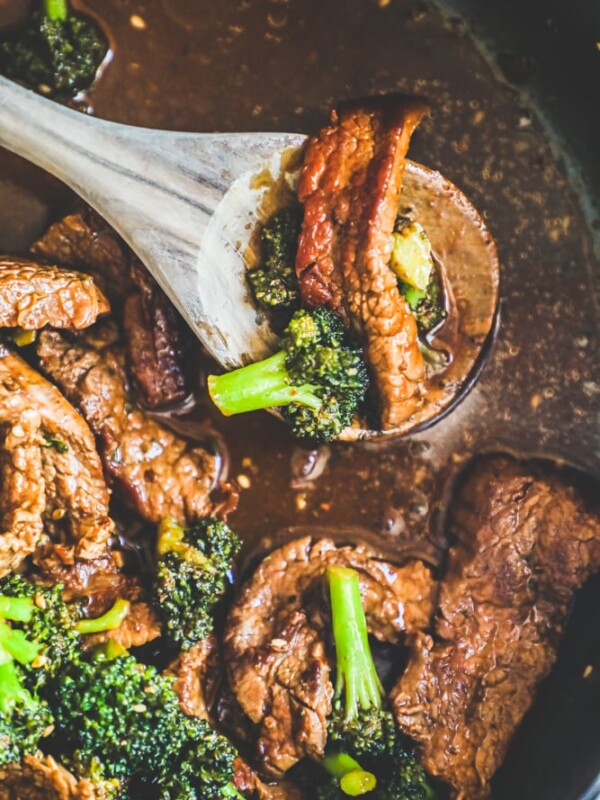 Easy keto beef and broccoli cooked in a pan.