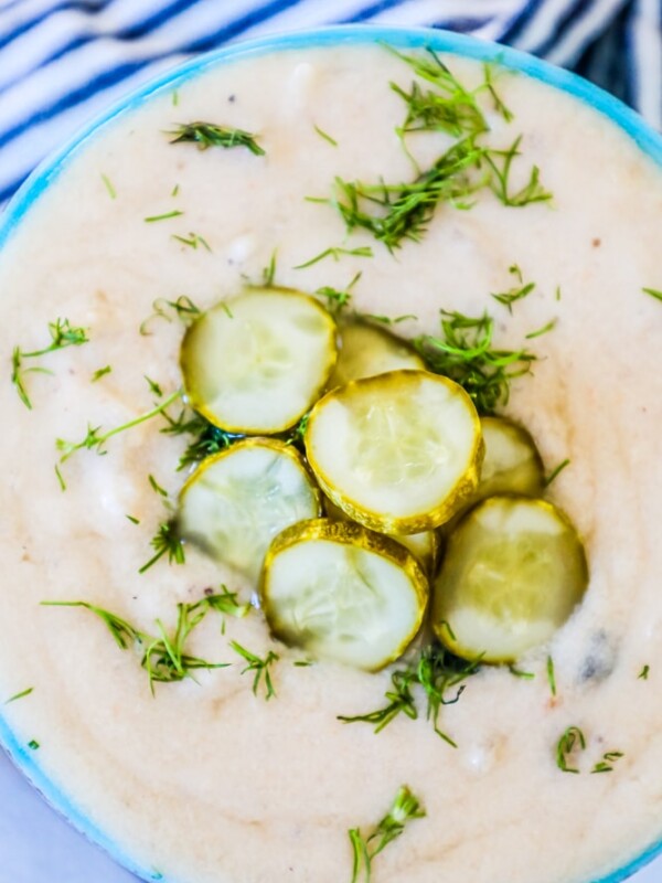 Creamy pickle soup with dill and cucumbers.