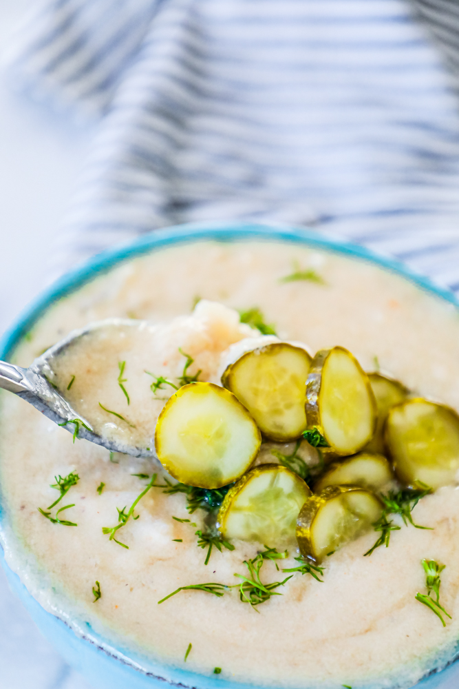 pickle soup with dill and sliced pickles on it. 