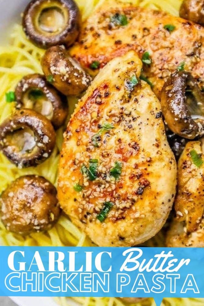 picture of chicken breast on pasta with mushrooms around it and spices