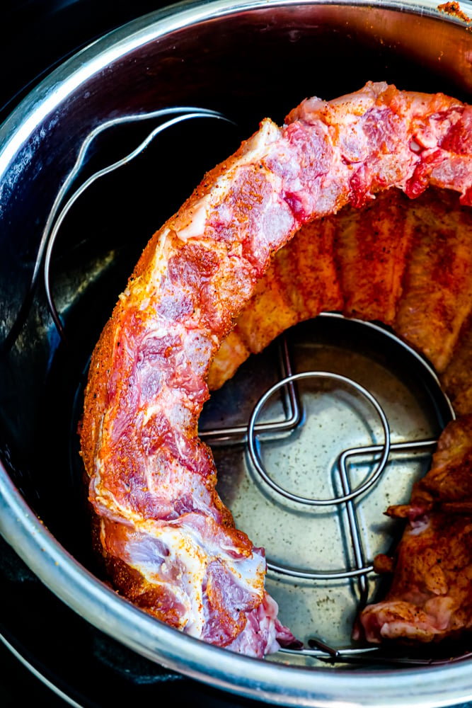 picture of rib rack curled into instant pot