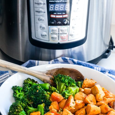 A bowl of Teriyaki Chicken in front of an instant pot.