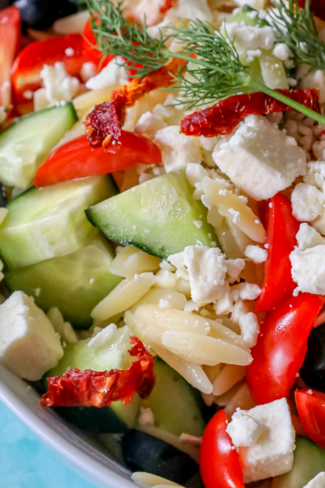 up close cherry tomatoes, olives, sun dried tomatoes, feta cheese, cucumbers, and fresh dill in a bowl over orzo.