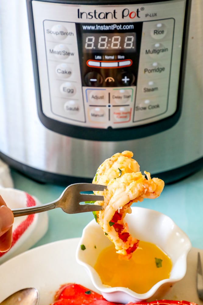 lobster tail on a fork seasoned with paprika and butter being dipped into a bowl of melted butter in front of an Instant Pot pressure cooker