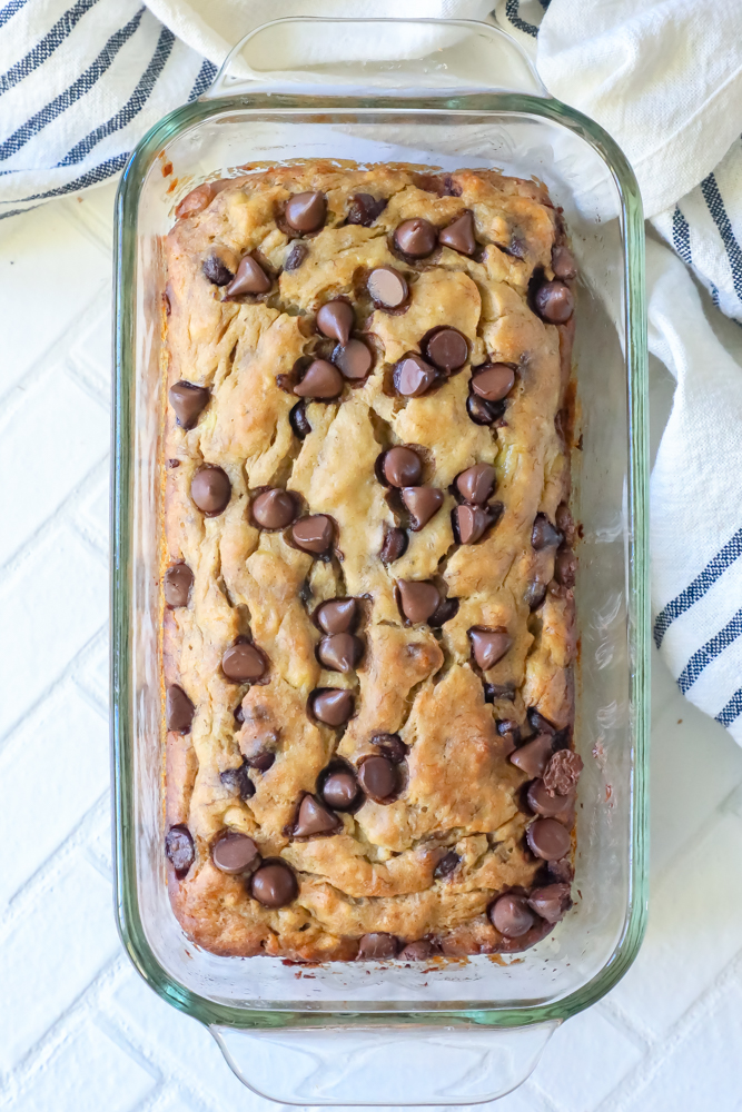 picture of banana bread with chocolate chips in a loaf pan 