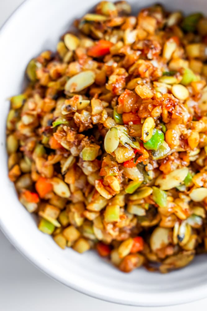 fried rice with onion, cabbage, and nuts