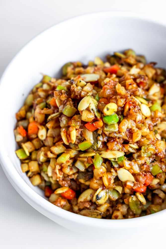 fried rice with onion, cabbage, and nuts