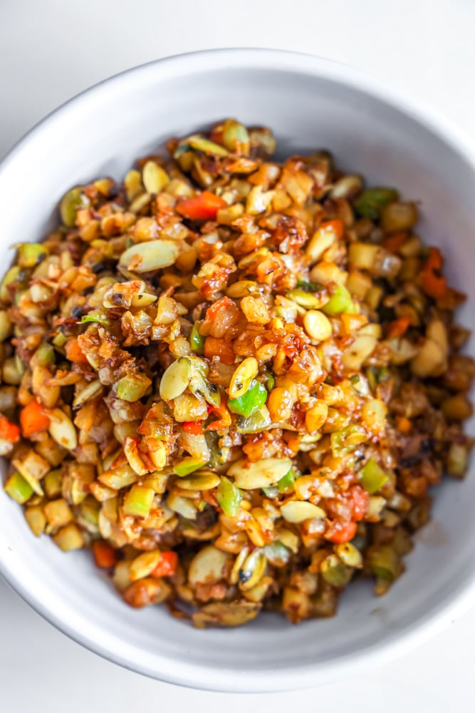 fried rice with onion, cabbage, and nuts