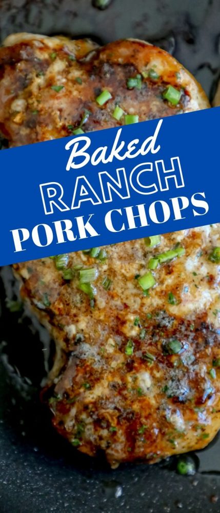Baked ranch pork chop in a pan with chives on top