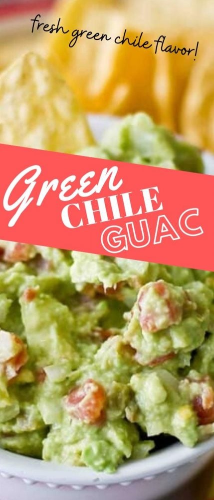 picture of green chile guacamole in bowl with chips