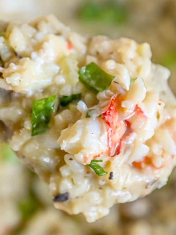 A creamy risotto featuring shrimp and mushrooms.