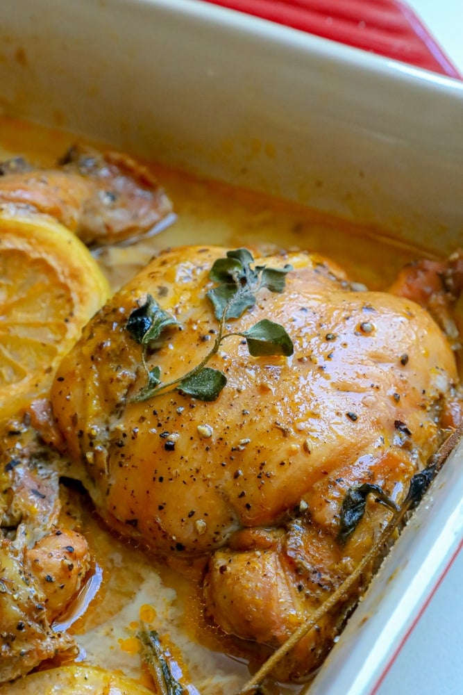 chicken in a baking dish with lemon and oregano 