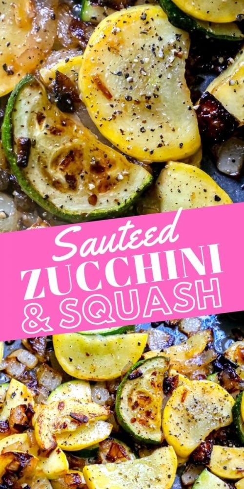 slices of browned zucchini and summer squash in a pan 