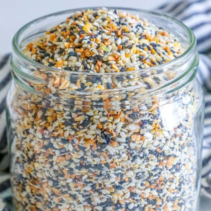 A jar of The Best Everything Bagel Seasoning Mix Recipe on a table.