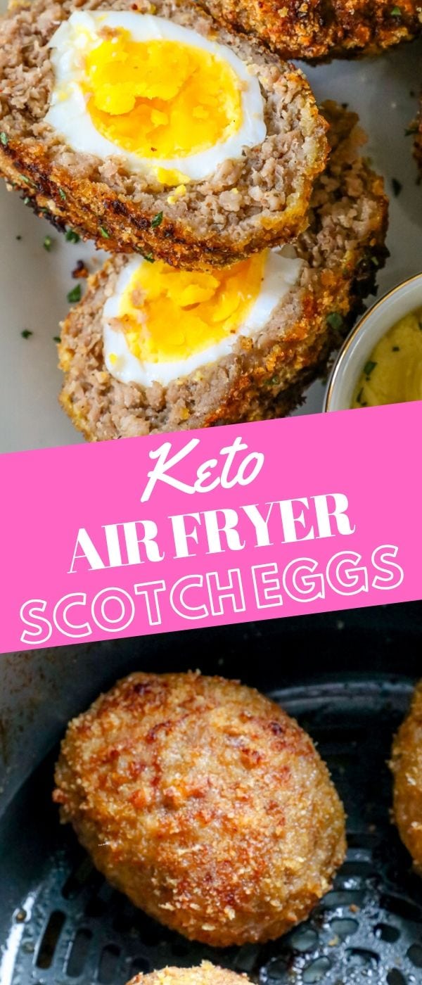 scotch egg cut in half on a plate and a scotch egg in an air fryer basket