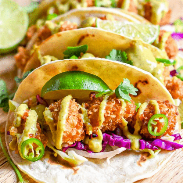 Three easy fried chicken tacos filled with crispy fried toppings, shredded cabbage, sliced jalapeños, cilantro, and drizzled sauce, garnished with lime wedges.