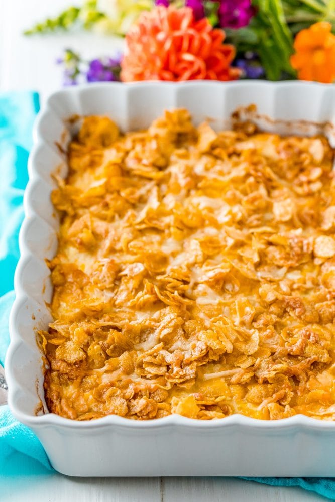 baked scalloped corn in a casserole dish