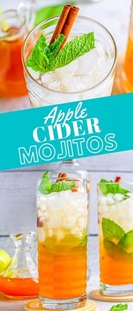 apple cider mojitos in glass with mint and cinnamon sticks