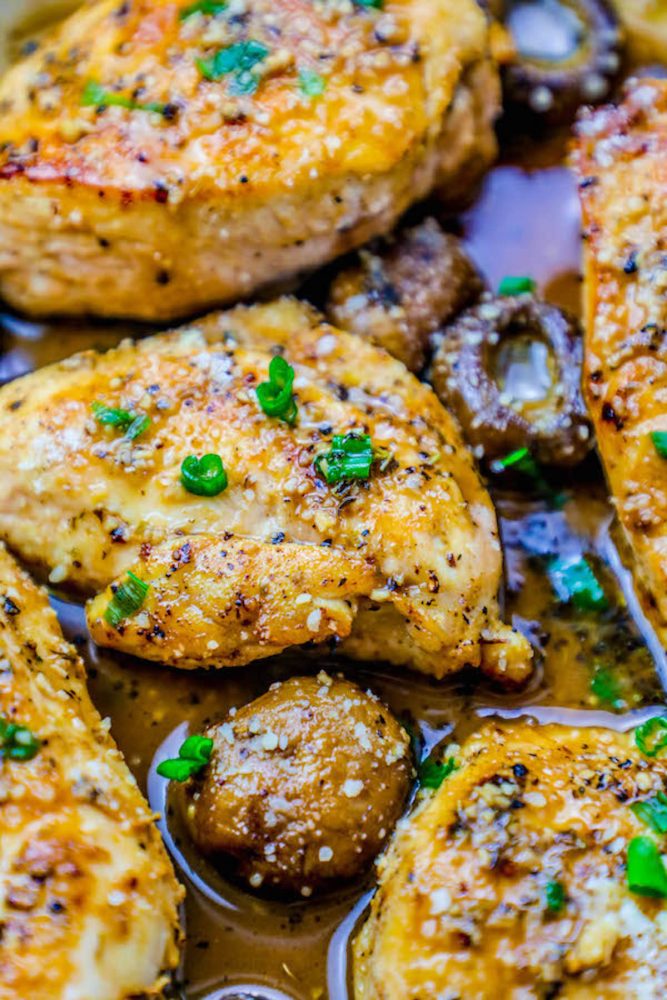 chicken breasts mushrooms in a pan picture

