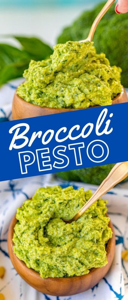 picture of broccoli pesto in a wood bowl with a spoon