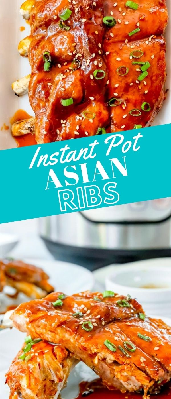 sticky asian ribs on white platter in front of instant pot picture
