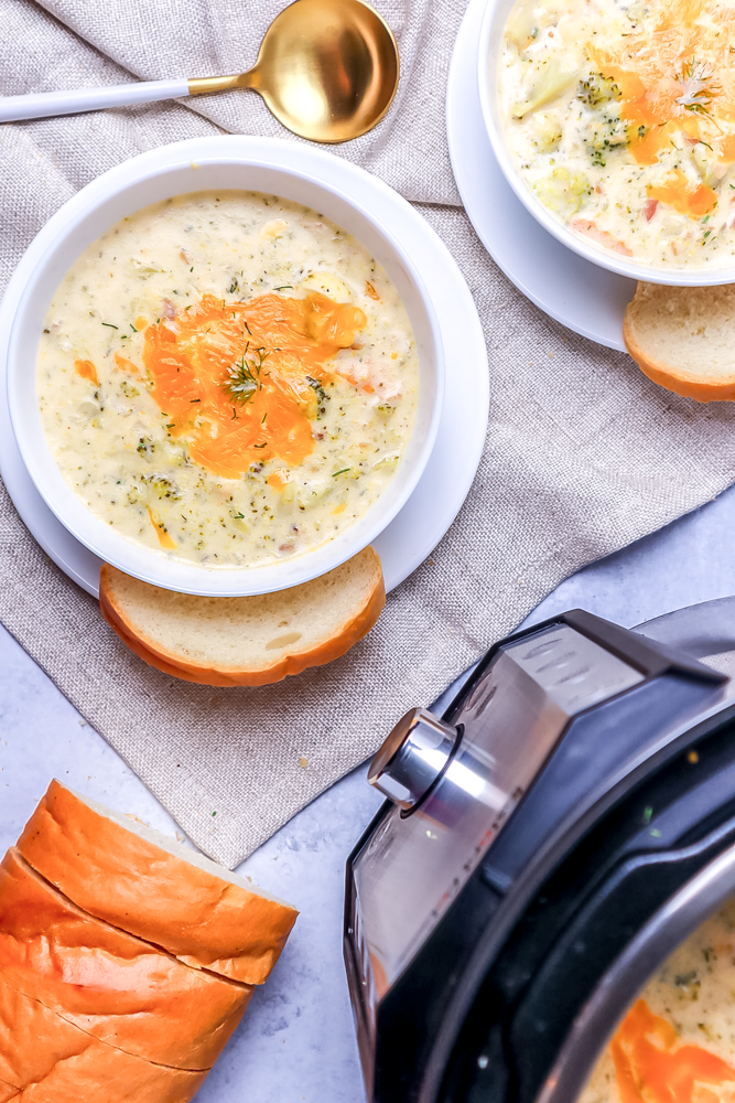 bowl with broccoli cheddar soup next to instant pot picture
