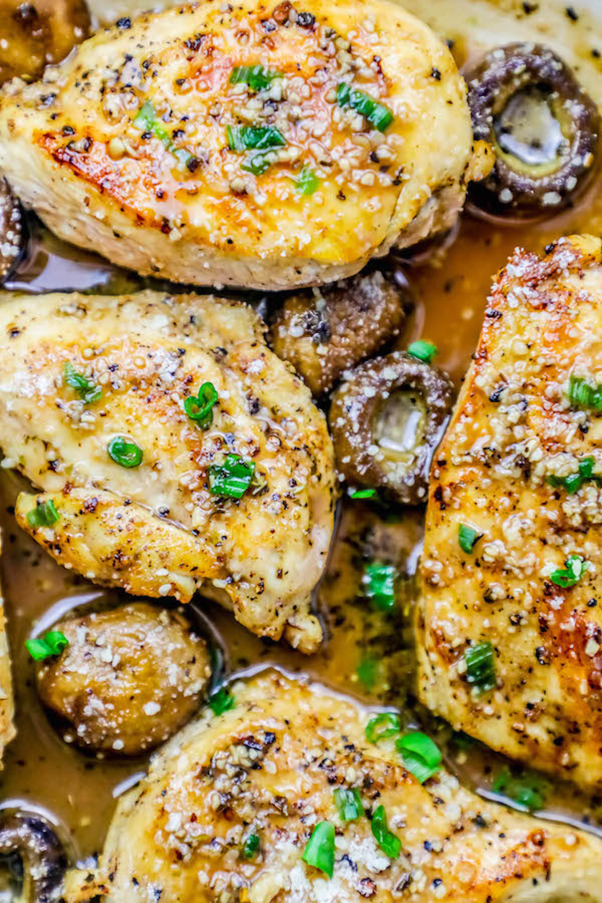 chicken breasts and mushrooms in a pan with parmesan and garlic butter picture
