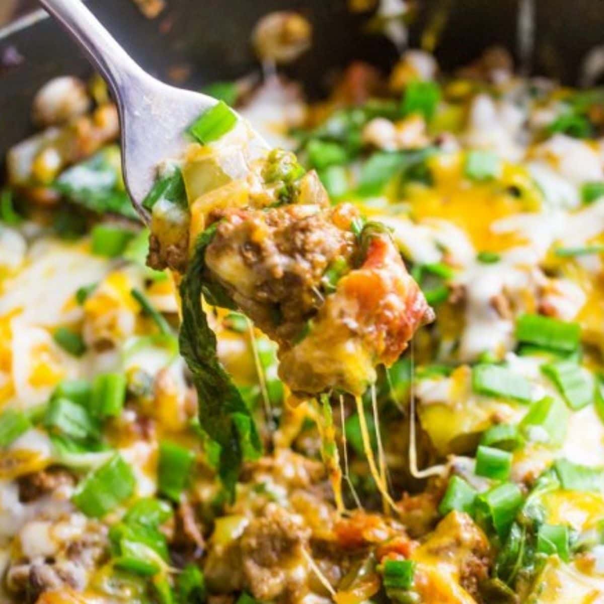 picture of fork with ground beef taco mixture and cheese