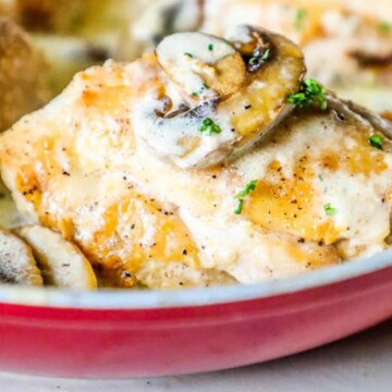 chicken thighs with mushrooms and a creamy garlic sauce in pan picture