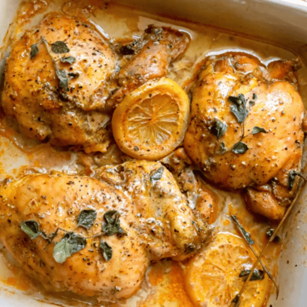 Three baked chicken thighs in a pan, seasoned with herbs, oregano, and black pepper, garnished with lemon slices and fresh thyme—an easy baked Greek chicken thighs recipe perfect for keto Greek chicken thighs lovers.