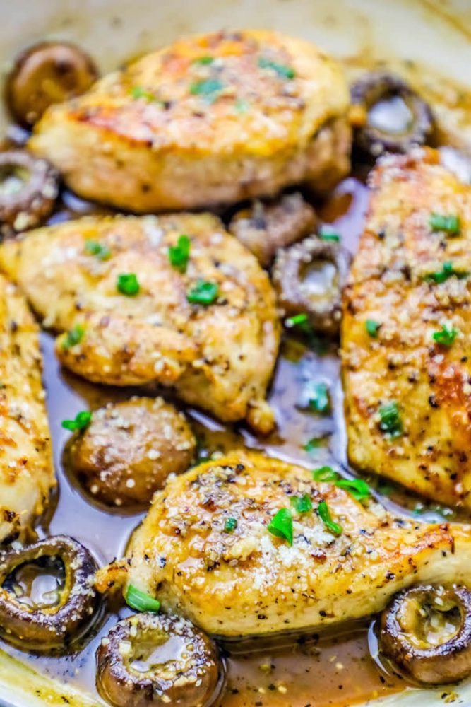chicken breasts with butter and parmesan mushrooms in a pan picture
