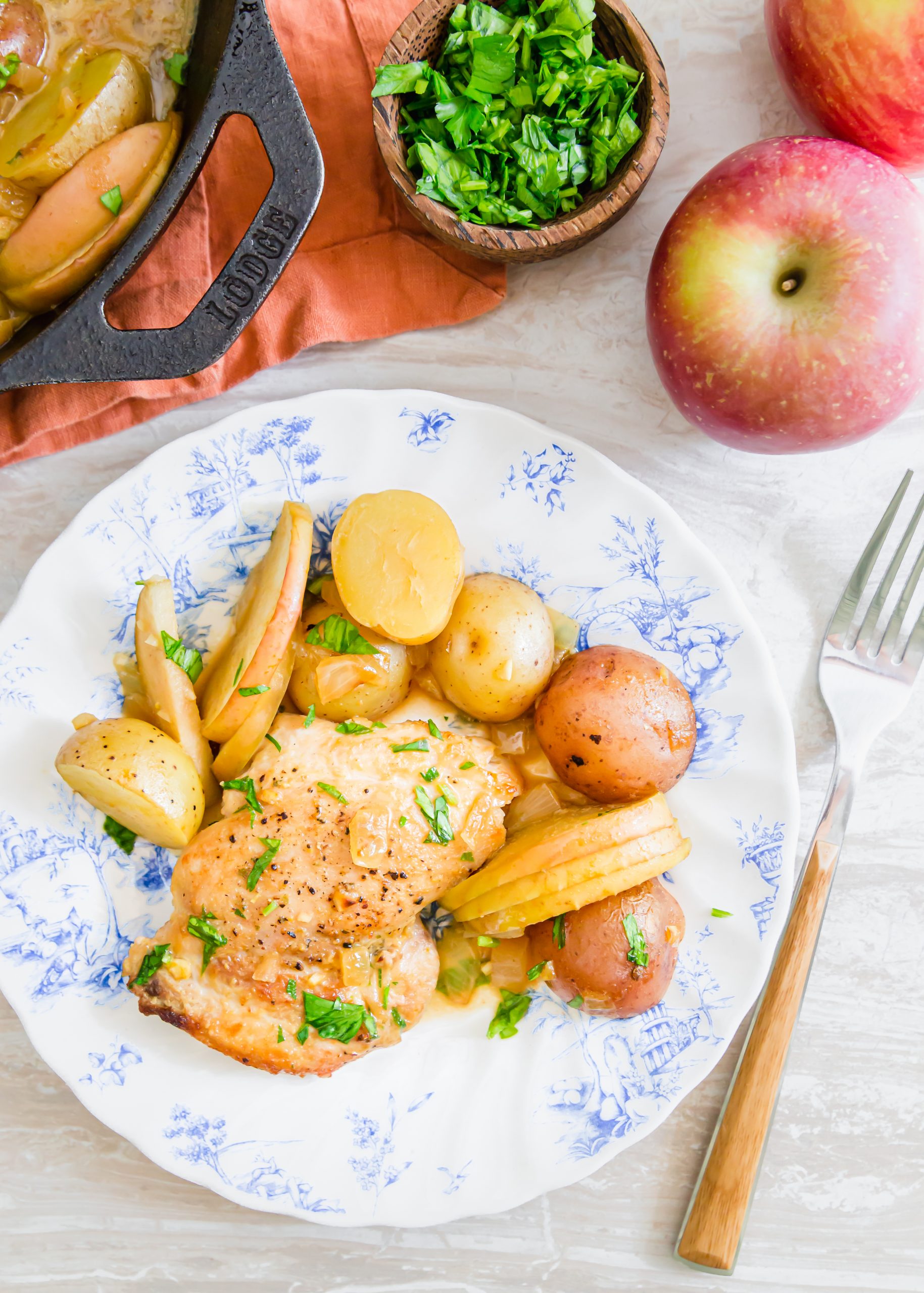 picture of chicken thigh, potatoes, apple slices in a mustard sauce on a plate 