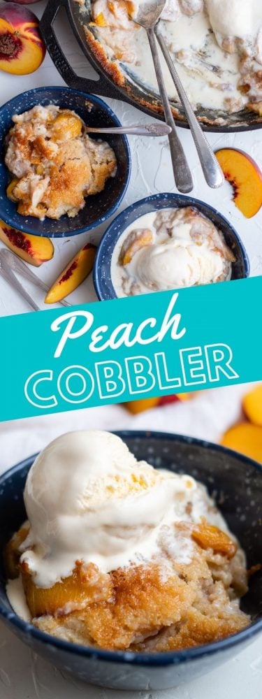 picture of peach cobbler in a pan and bowls with spoons on a table