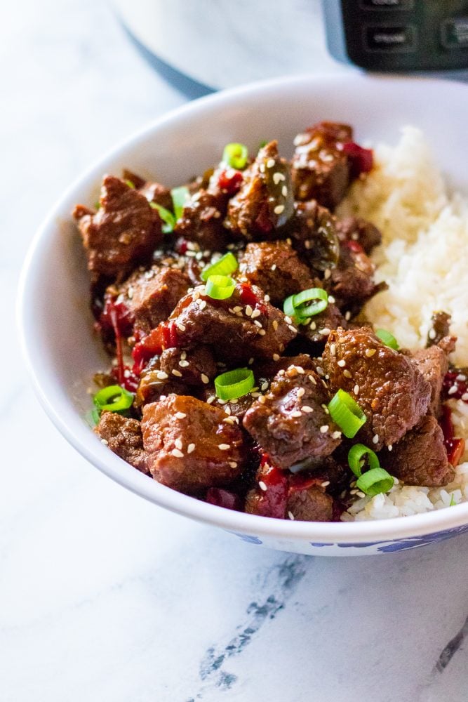 picture of korean beef in a bowl with scallions and rice