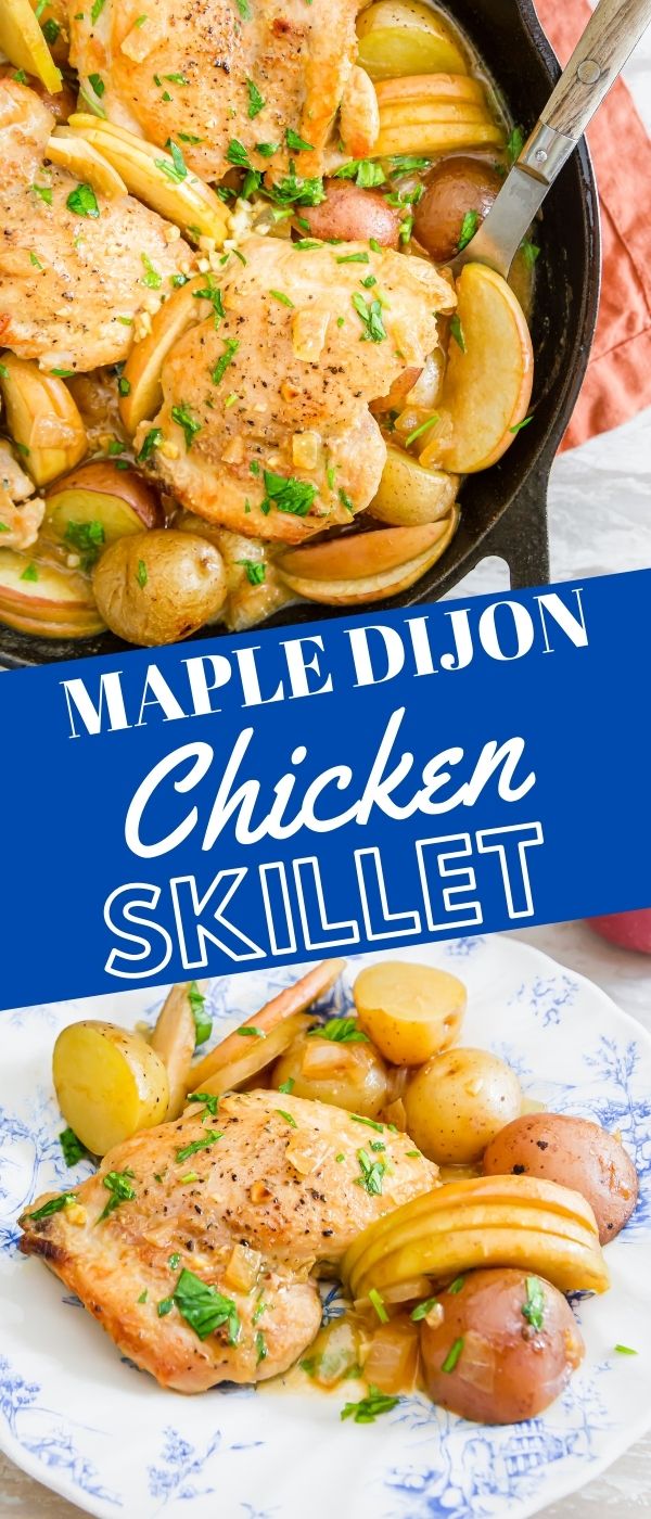 picture of chicken thighs in a skillet with potatoes and apples