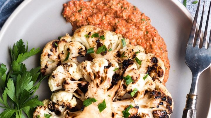 Easy Cauliflower Steaks with Red Pepper Sauce