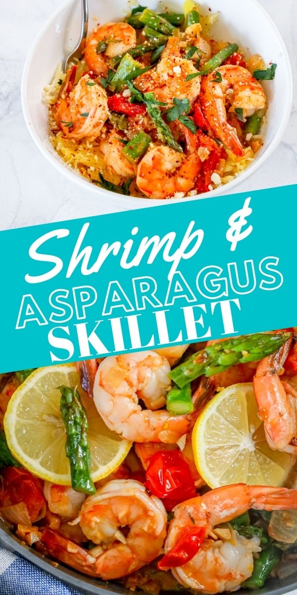 picture of shrimp and asparagus over spaghetti squash noodles in a white bowl