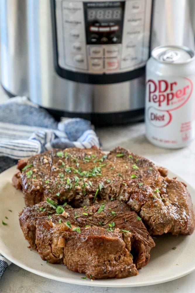 picture of pot roast next to dr pepper and an instant pot