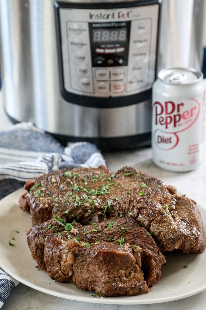 picture of pot roast next to dr pepper and an instant pot