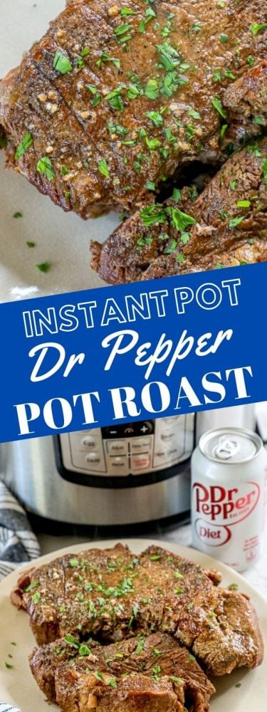 picture of pot roast next to dr pepper and an instant pot