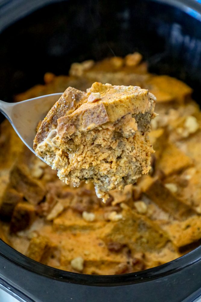 picture of keto bread pudding on a spoon 