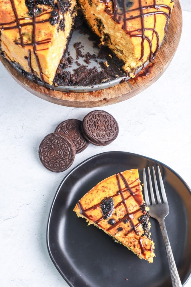  picture of a pumpkin oreo cheesecake next to an instant pot