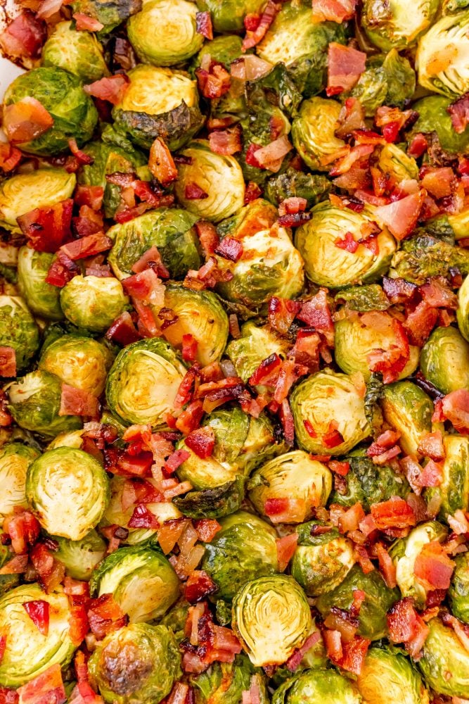 picture of brussels sprouts with bacon in a dish  