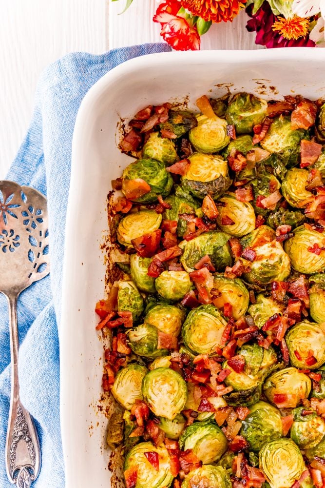 picture of brussels sprouts with bacon in a dish  